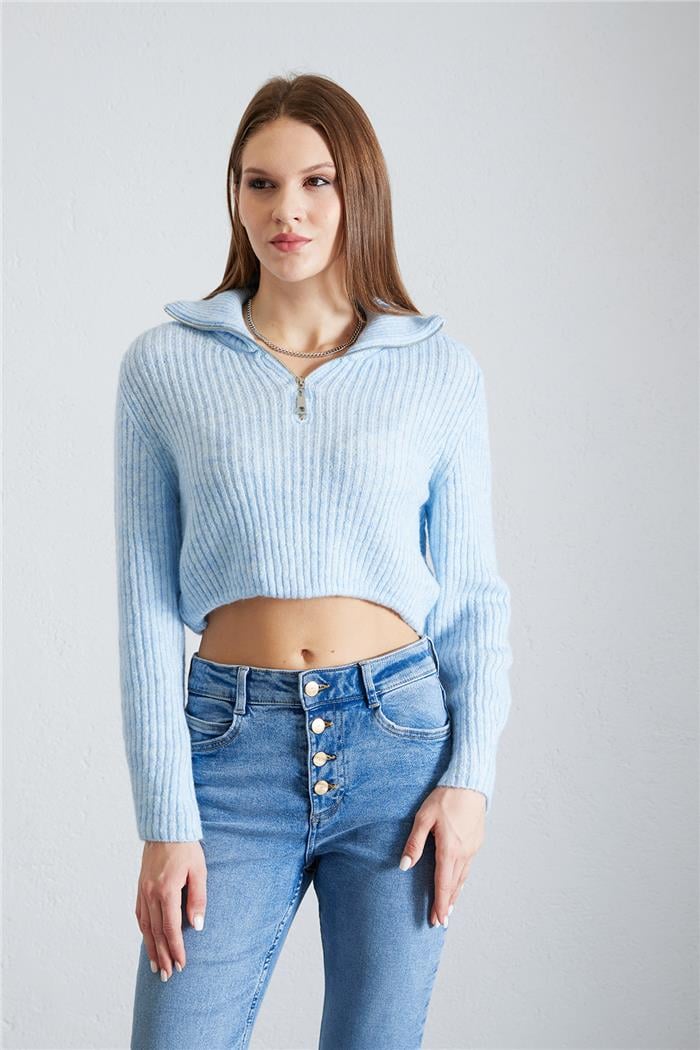 Avrile Kadın Polo Yaka Ferumarlı Triko Kazak BEBE MAVİ A92440-S