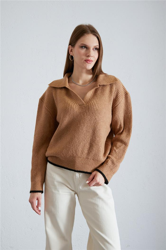 Avrile Kadın Polo Yaka Triko Kazak CAMEL-SİYAH A92461-S