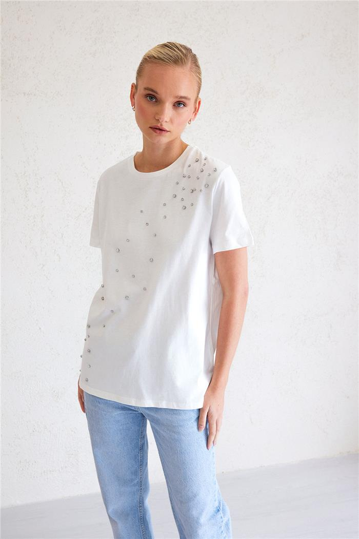 Avrile Kadın Taş İşleme Detaylı T-Shirt EKRU MA23-1007