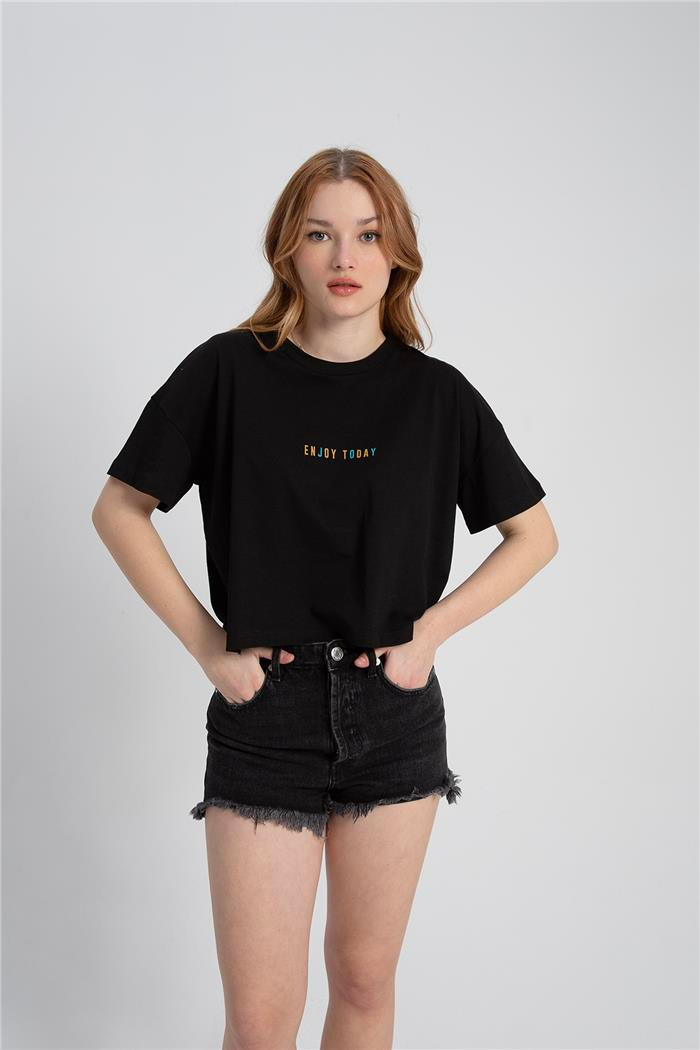 Avrile Kadın Yazı Baskılı T-Shirt SİYAH A23-10101