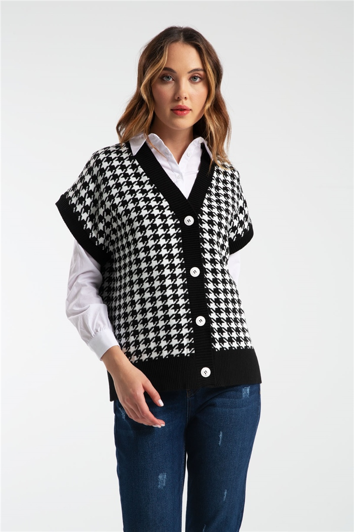 Avrile Kazayağı Desenli İçi Gömlekli Triko Yelek  SİYAH  A91446-S