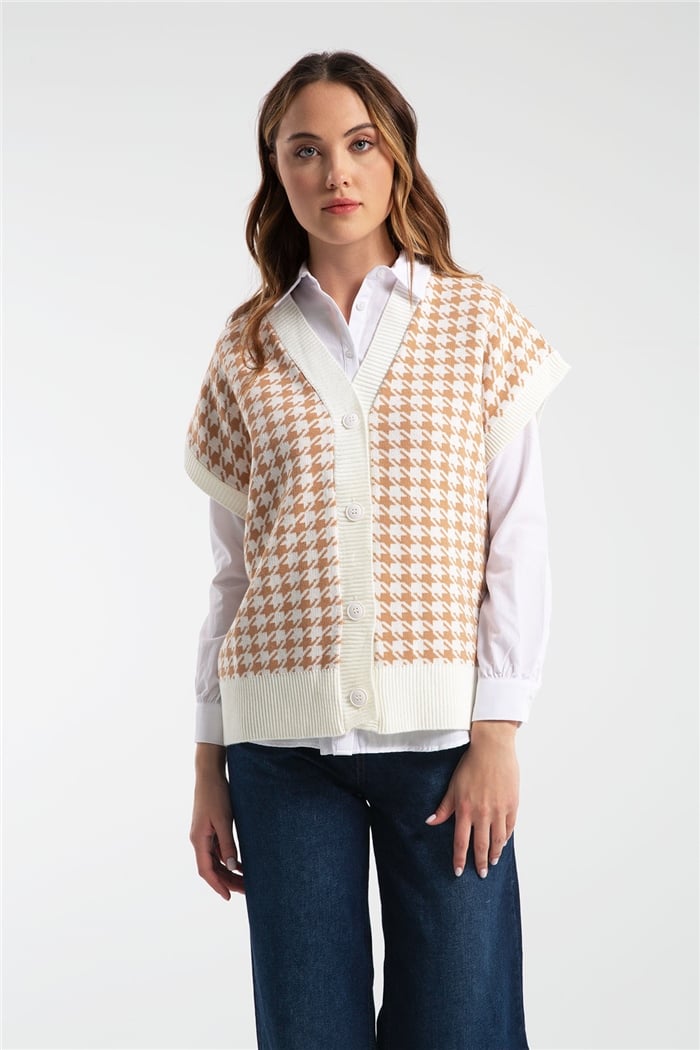 Avrile Kazayağı Desenli İçi Gömlekli Triko Yelek  EKRU  A91446-S