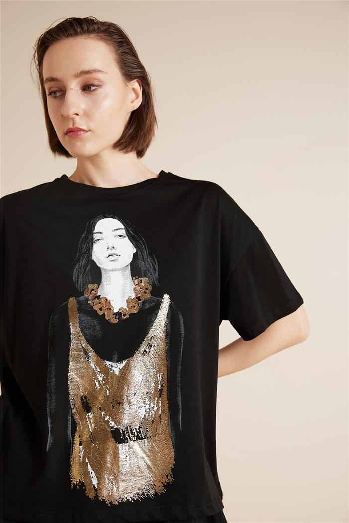 Avrile  KIZ BASKILI T-SHIRT SİYAH SA25-1001