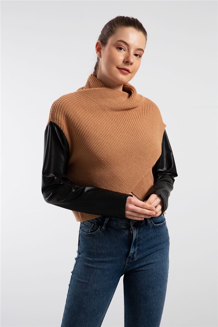Avrile Kolları Deri Degaje Yaka Triko Kazak  CAMEL  A91586-S