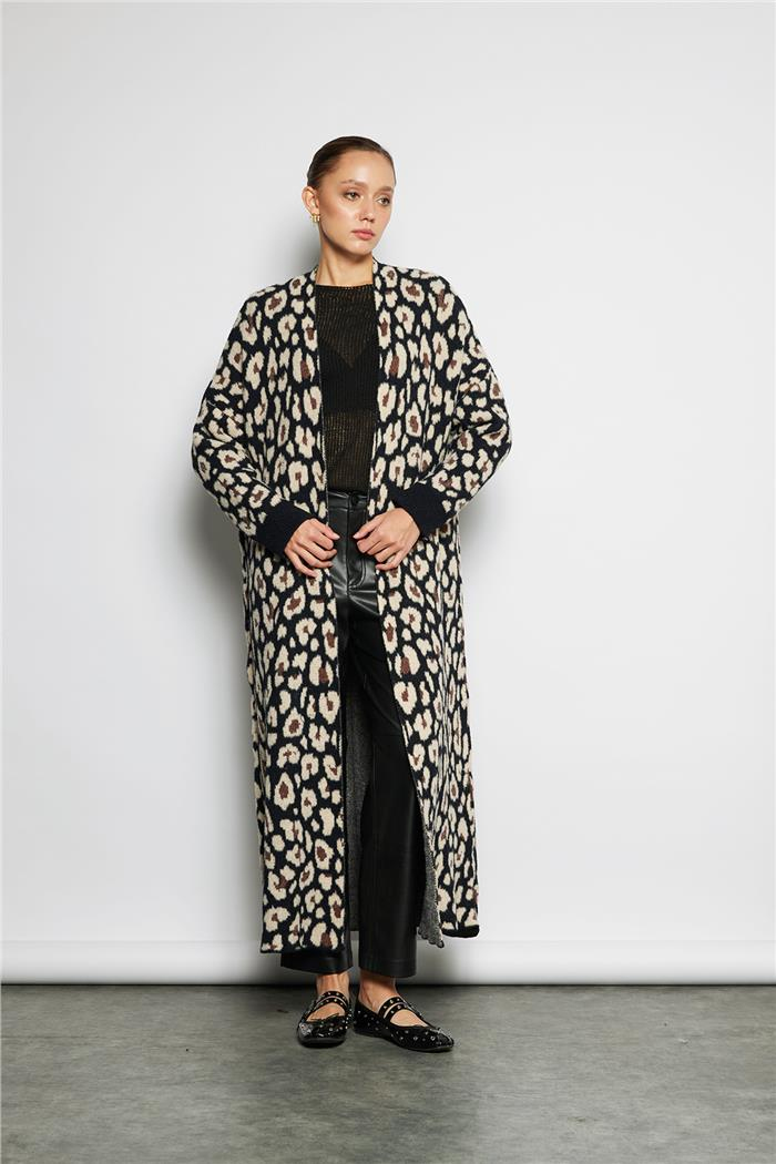 Avrile  LEOPAR DESENLİ UZUN HIRKA SİYAH A92592-S