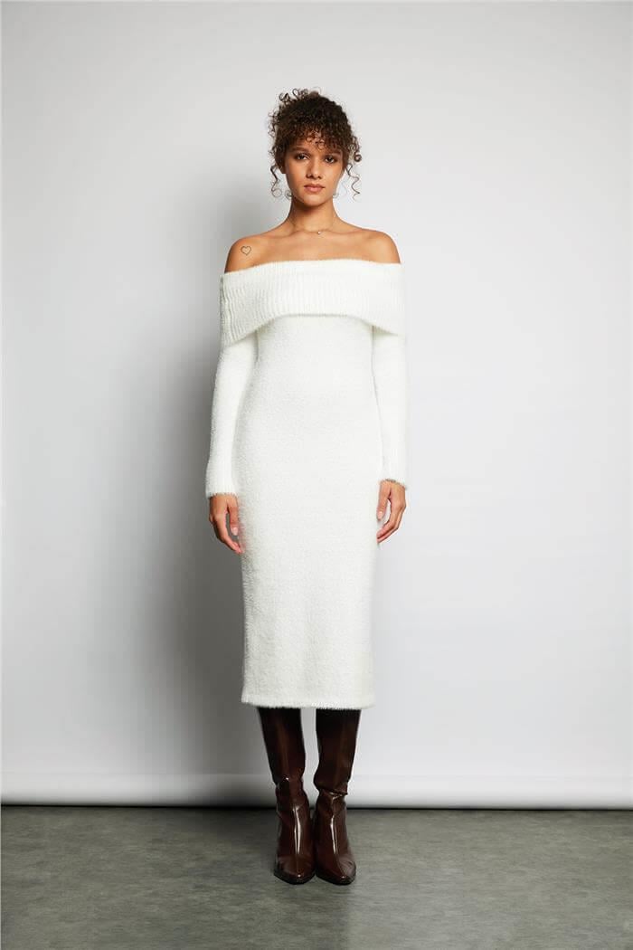 Avrile  Madonna Yaka Triko Elbise BEYAZ A92589-S