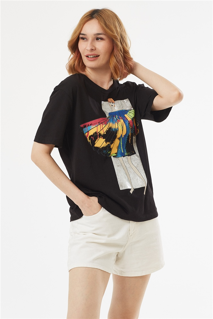 Avrile ÖN BASKILI T-SHIRT  SİYAH  A22-10570