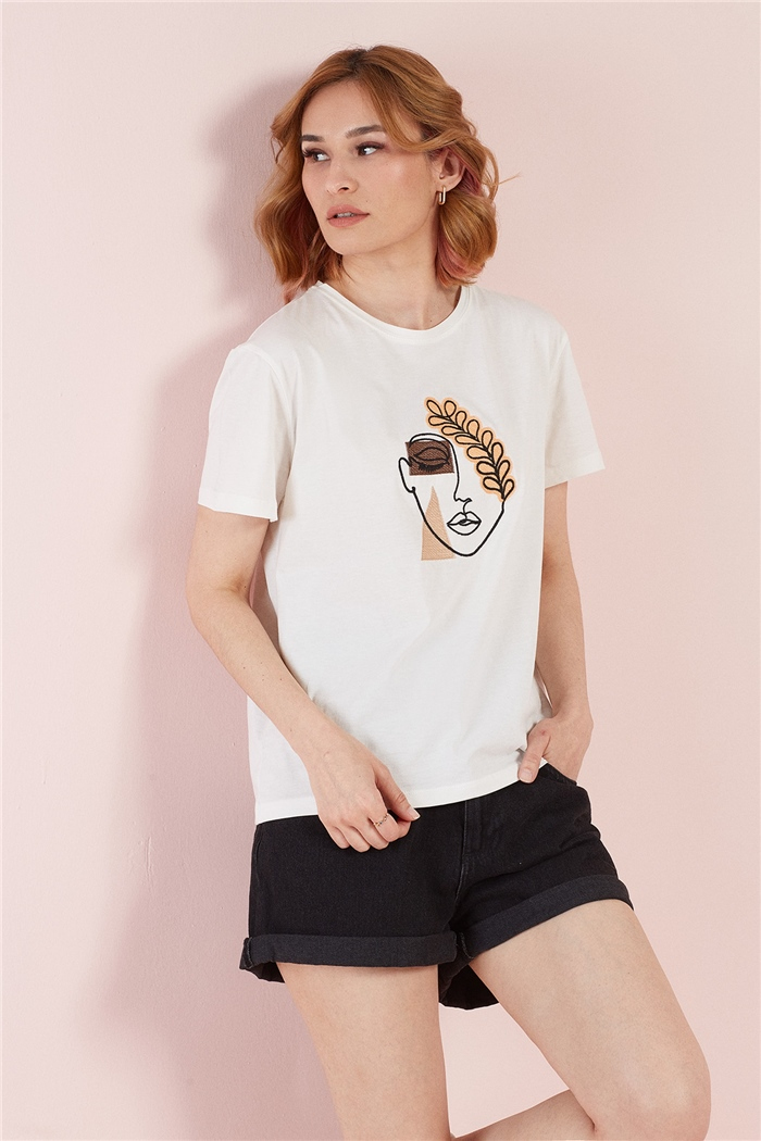 Avrile ÖN NAKIŞLI T-SHIRT  EKRU  A22-10559
