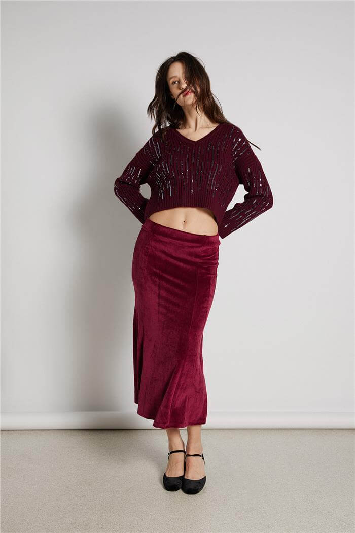 Avrile  PAYETLİ V YAKA KAZAK BORDO TT4387-Z