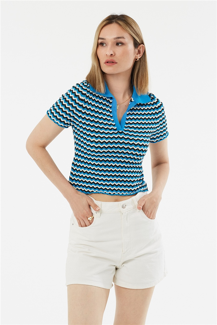 Avrile Polo Yaka Zigzag Desenli Kazak  TURKUAZ-SİYAH  A92102-S