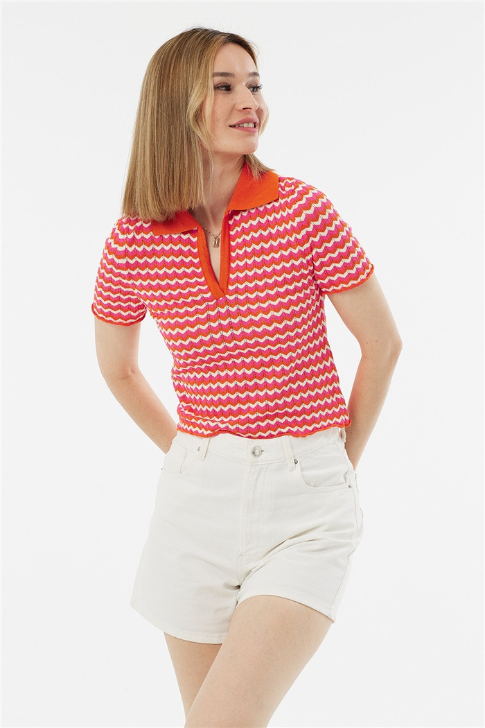 Avrile Polo Yaka Zigzag Desenli Kazak  ORANJ-FUŞYA  A92102-S