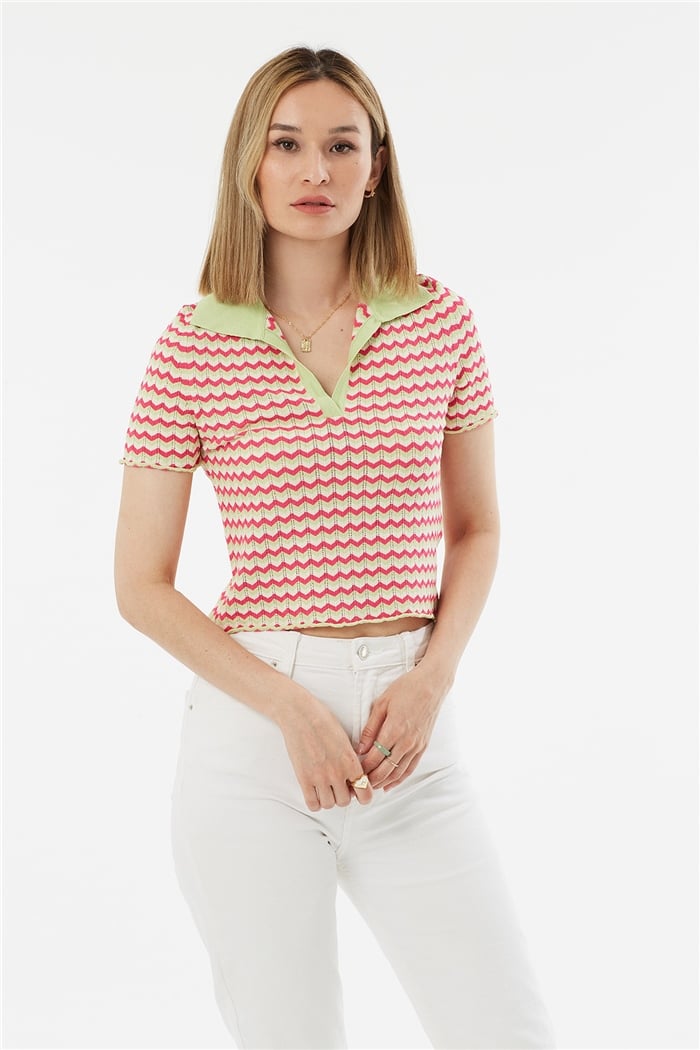 Avrile Polo Yaka Zigzag Desenli Kazak  FISTIK YEŞİLİ-FUŞYA  A92102-S