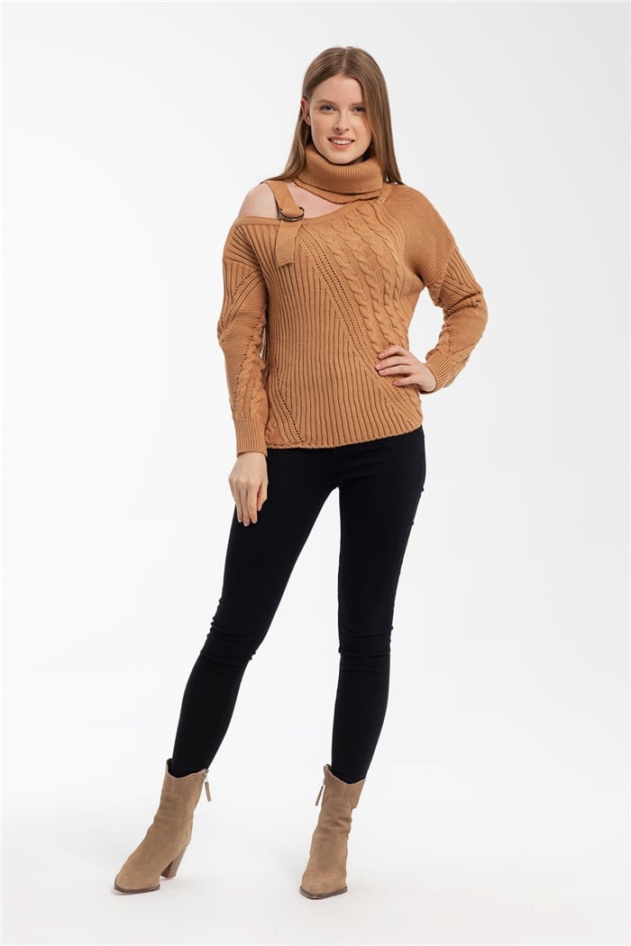 Avrile Saç Örgülü Tek Omuz Balıkçı Triko Kazak  CAMEL  A90919-S
