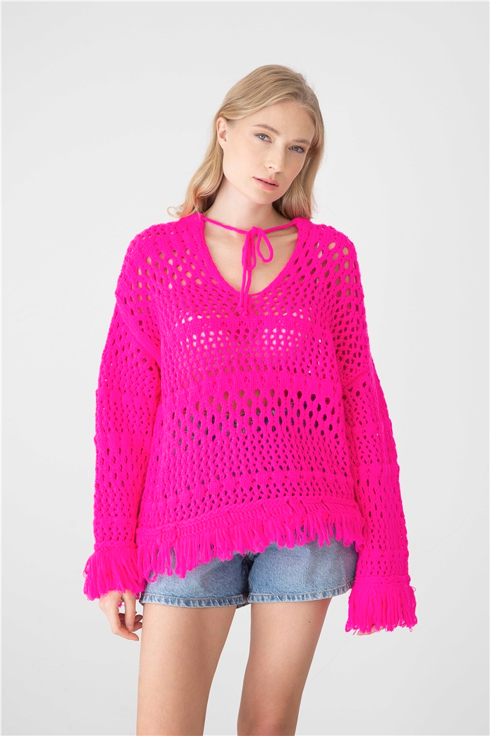 Avrile Saçaklı Triko Kazak  NEON FUŞYA  A92201-S