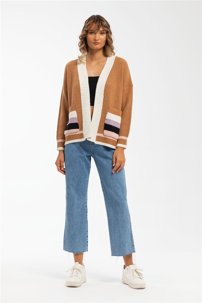 Avrile Selanik Çizgi Desenli Triko Hırka  CAMEL  A91819-S