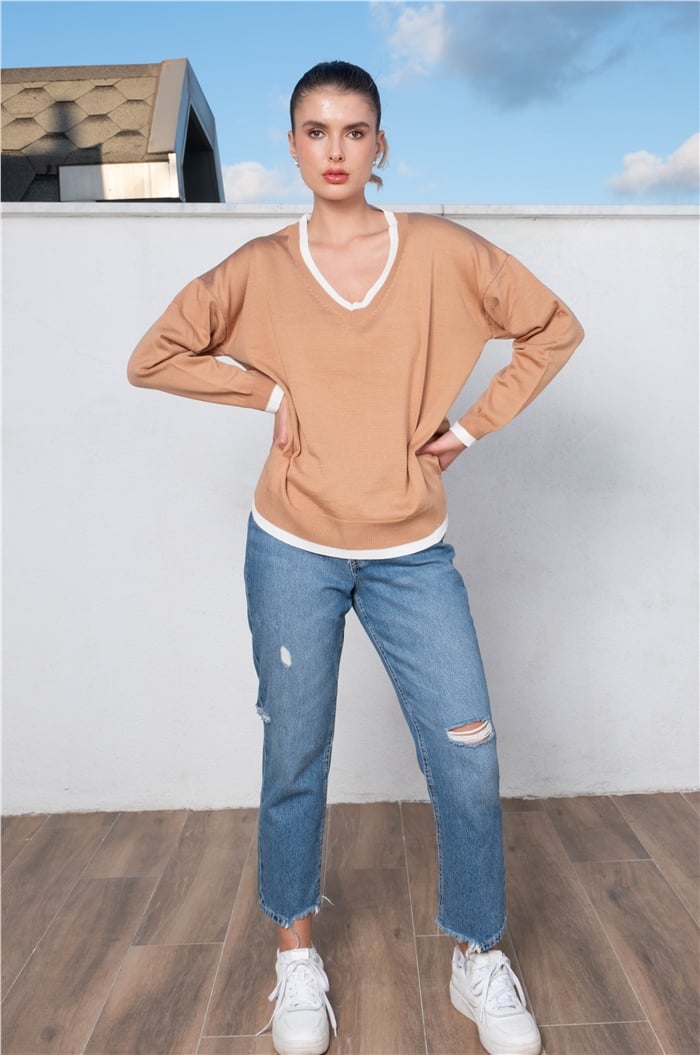 Avrile V Yaka Çizgi Detaylı Triko Kazak  CAMEL-EKRU  A92218-S