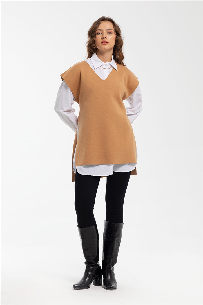 Avrile V Yaka Yandan Bağcıklı Triko Tunik  CAMEL  A91382-S