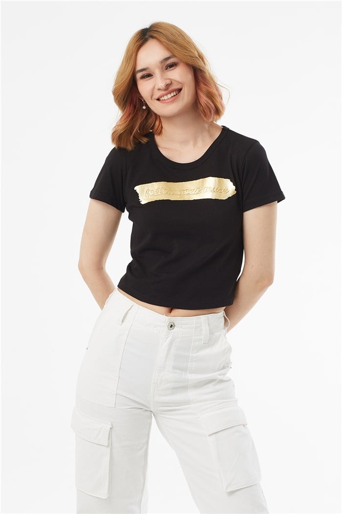 Avrile VARAK BASKILI T-SHIRT  SİYAH  A22-10569