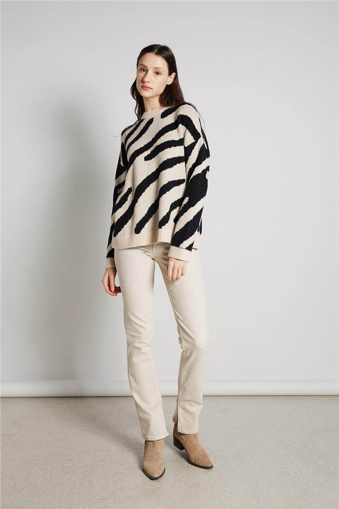 Avrile  ZEBRA DESEN TRİKO KAZAK BEJ-SİYAH A92602-S