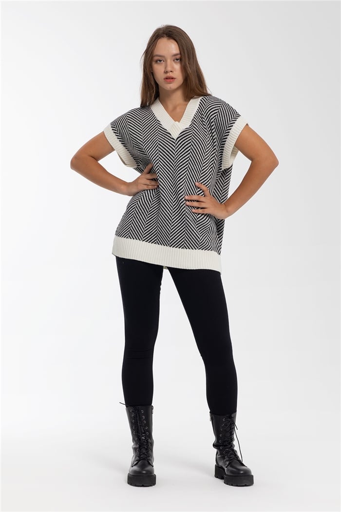 Avrile Zikzak Desenli Triko Süveter  EKRU-SİYAH  A91887-S
