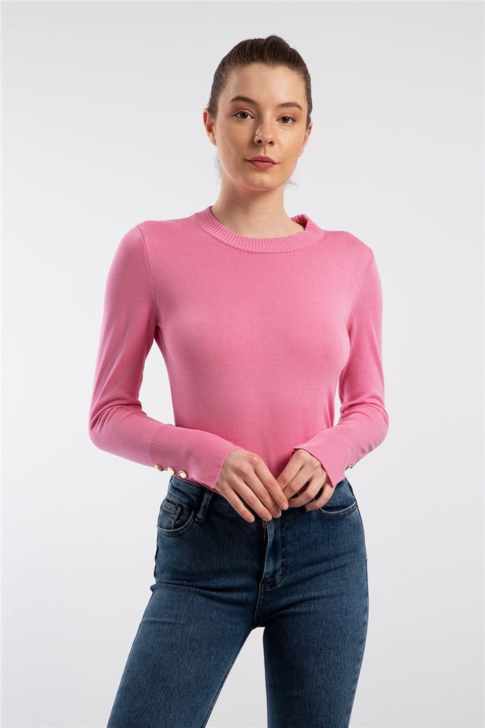 Nisan Bisiklet Yaka Kolları Çakımlı Triko Kazak  PEMBE  TT2715-S