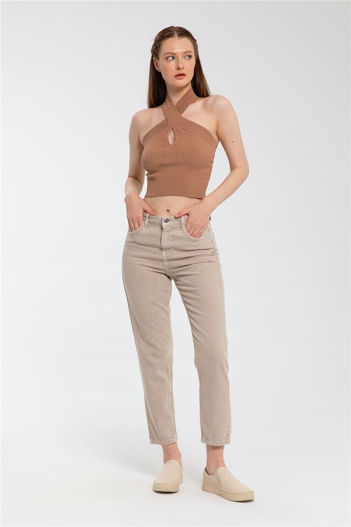 Nisan Boyundan Bağcıklı Dekolteli Triko Crop  CAMEL  TT3151-Z