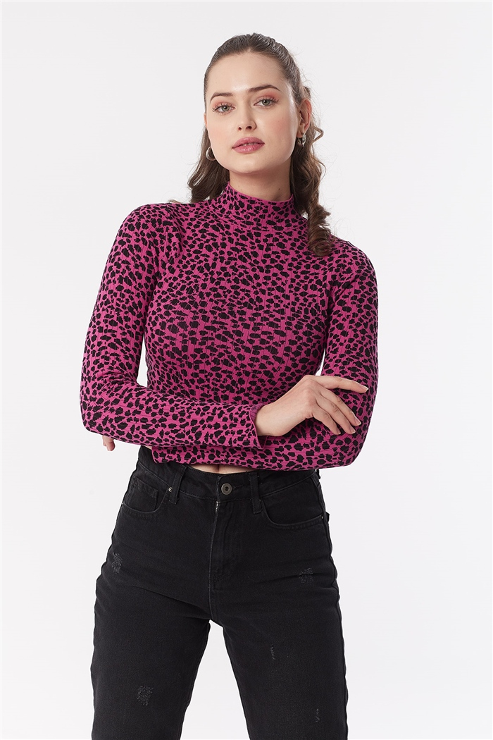 Nisan Çıtır Leopar Desenli Triko Kazak  FUŞYA-SİYAH  TT3395-Z