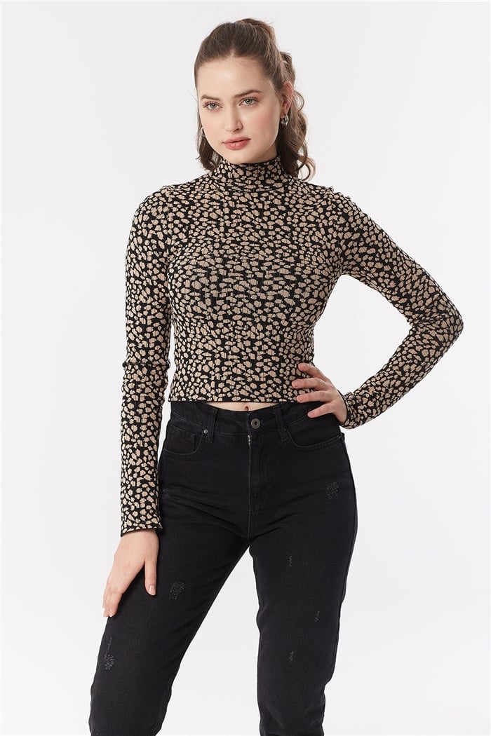 Nisan Çıtır Leopar Desenli Triko Kazak  SİYAH-CAMEL  TT3395-Z