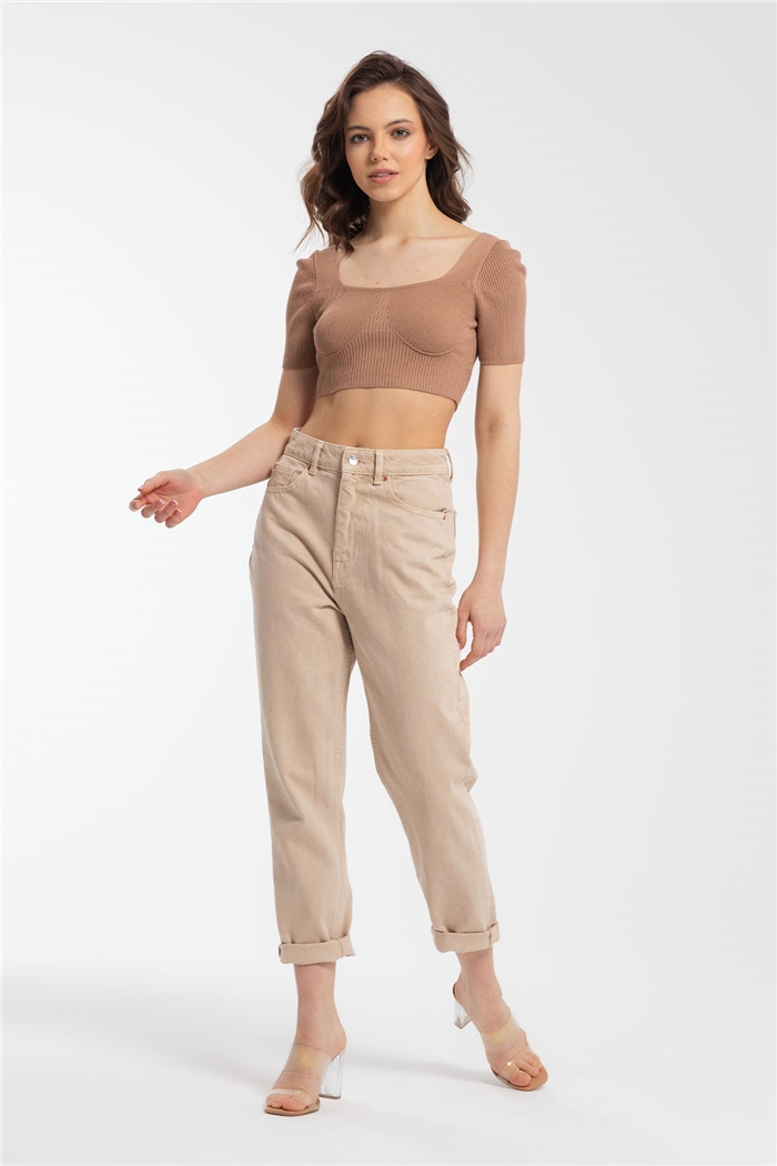 Nisan Crop Kısa Kol Triko Bluz  CAMEL  TT3127-Z