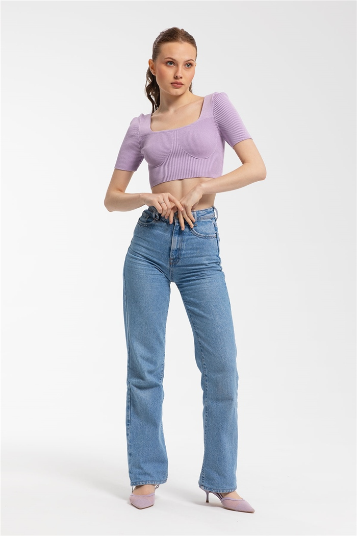 Nisan Crop Kısa Kol Triko Bluz  LİLA  TT3127-Z