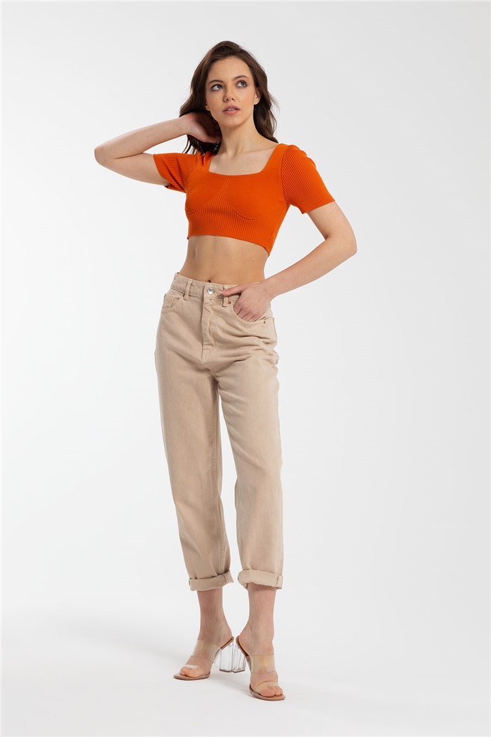 Nisan Crop Kısa Kol Triko Bluz  ORANJ  TT3127-Z