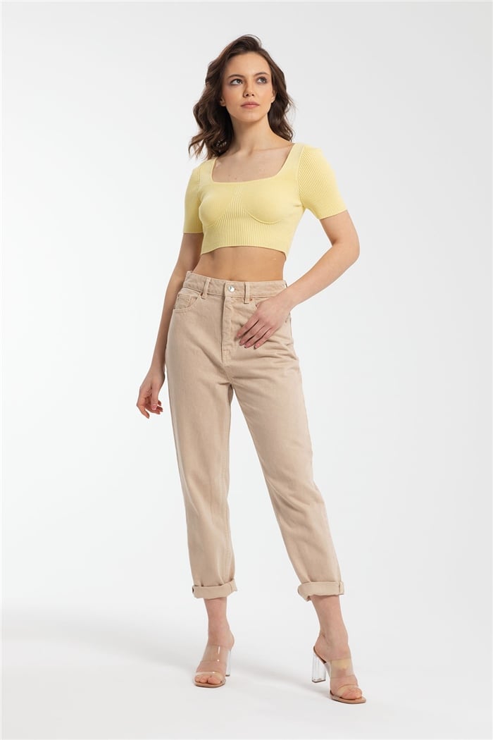 Nisan Crop Kısa Kol Triko Bluz  SARI  TT3127-Z