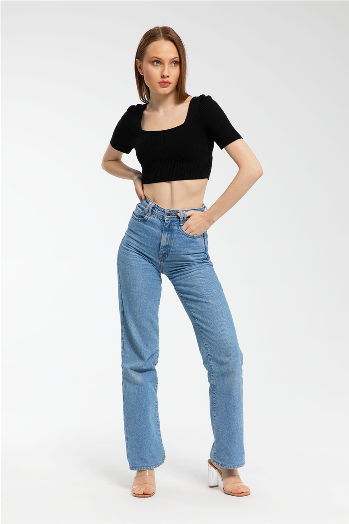 Nisan Crop Kısa Kol Triko Bluz  SİYAH  TT3127-Z
