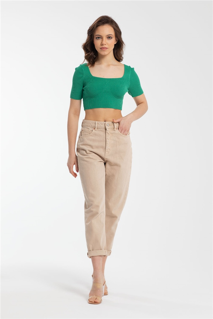 Nisan Crop Kısa Kol Triko Bluz  YEŞİL  TT3127-Z