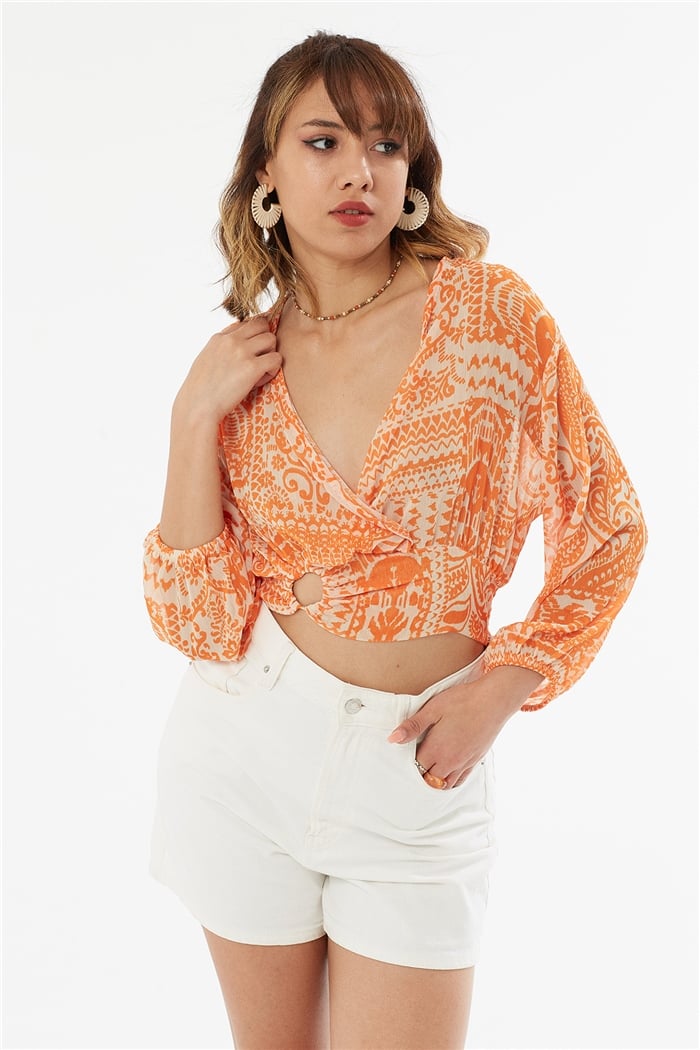 Nisan DESENLİ ŞİFON BLUZ  ORANJ  N22-1439