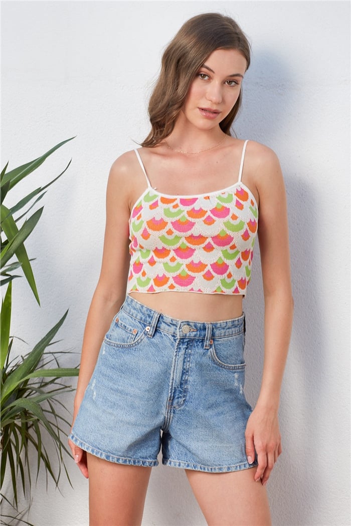 Nisan Desenli Triko Crop  Fuşya-Oranj  Tt3567-Z