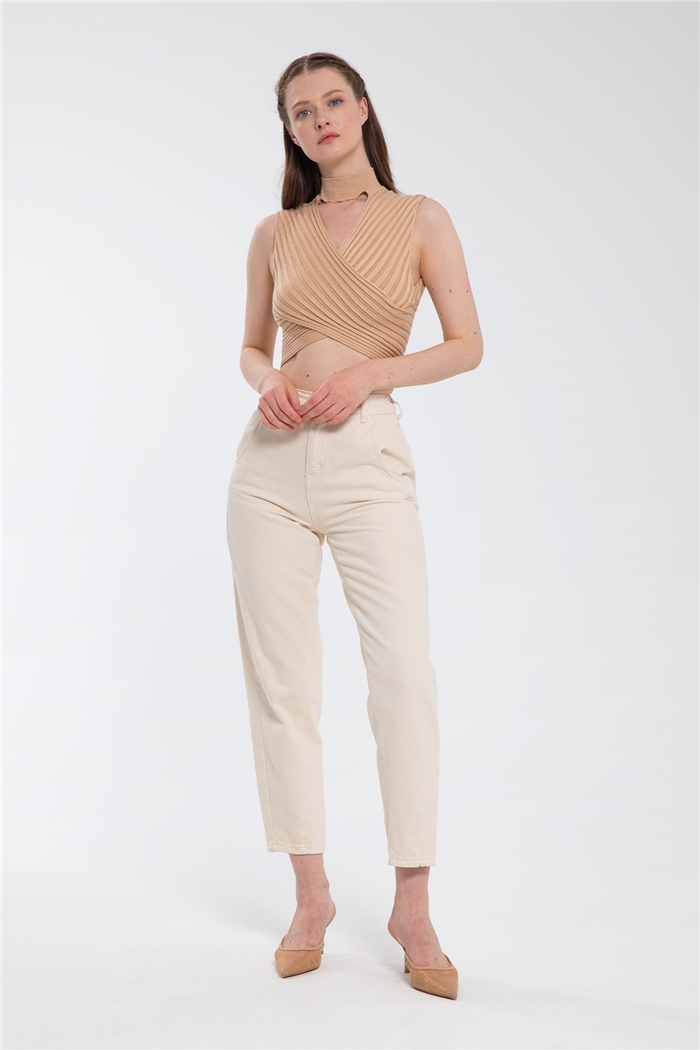Nisan Dik Yaka Kruvaze Triko Bluz  CAMEL  TT3094-Z