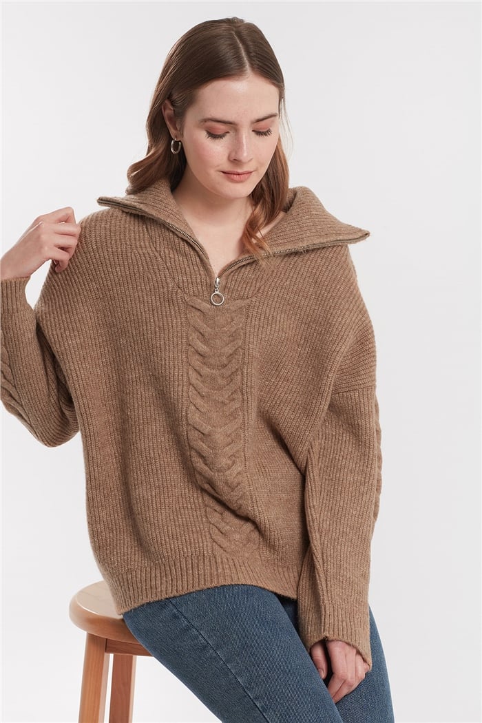 Nisan Fermuarlı Saçlı Triko Kazak  CAMEL  TT3349-Z