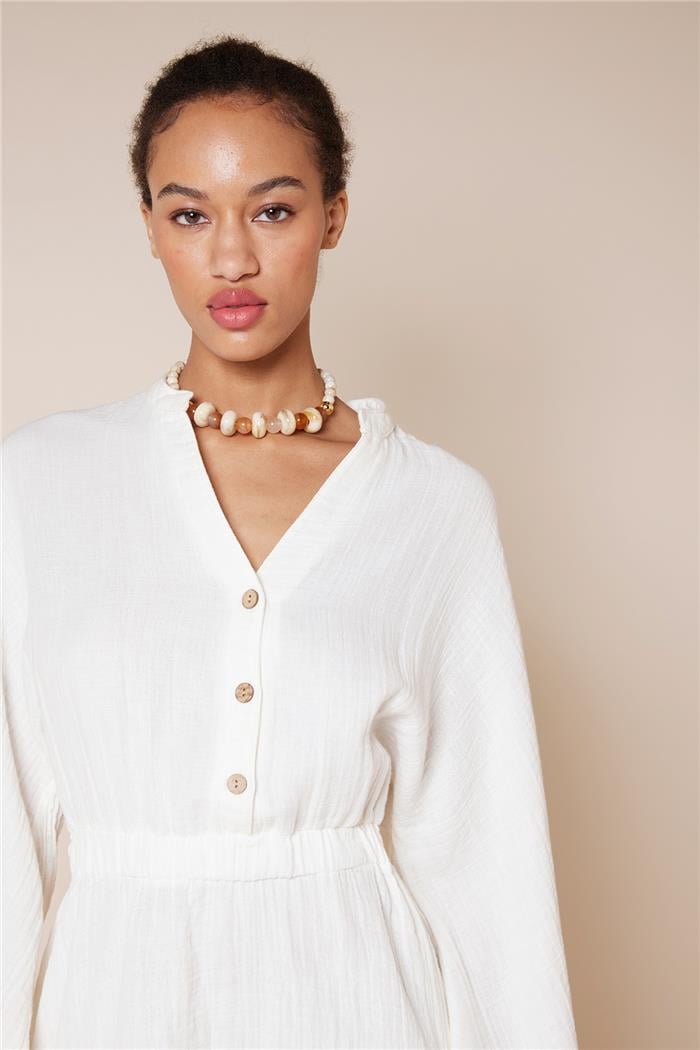 Nisan  FIRFIR DETAYLI UZUN KOLLU KISA ELBİSE EKRU NB25-1002