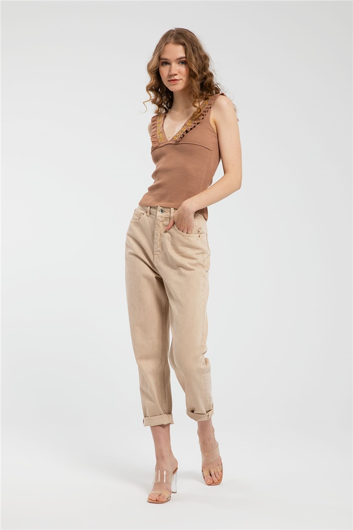 Nisan Fırfırlı Yakası Nakışlı İşlemeli Triko Atlet  CAMEL  TT3062-Z