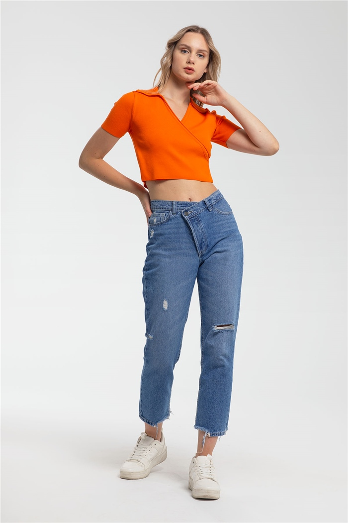 Nisan Gömlek Yaka Kruvaze Triko Bluz  ORANJ  TT3041-Z
