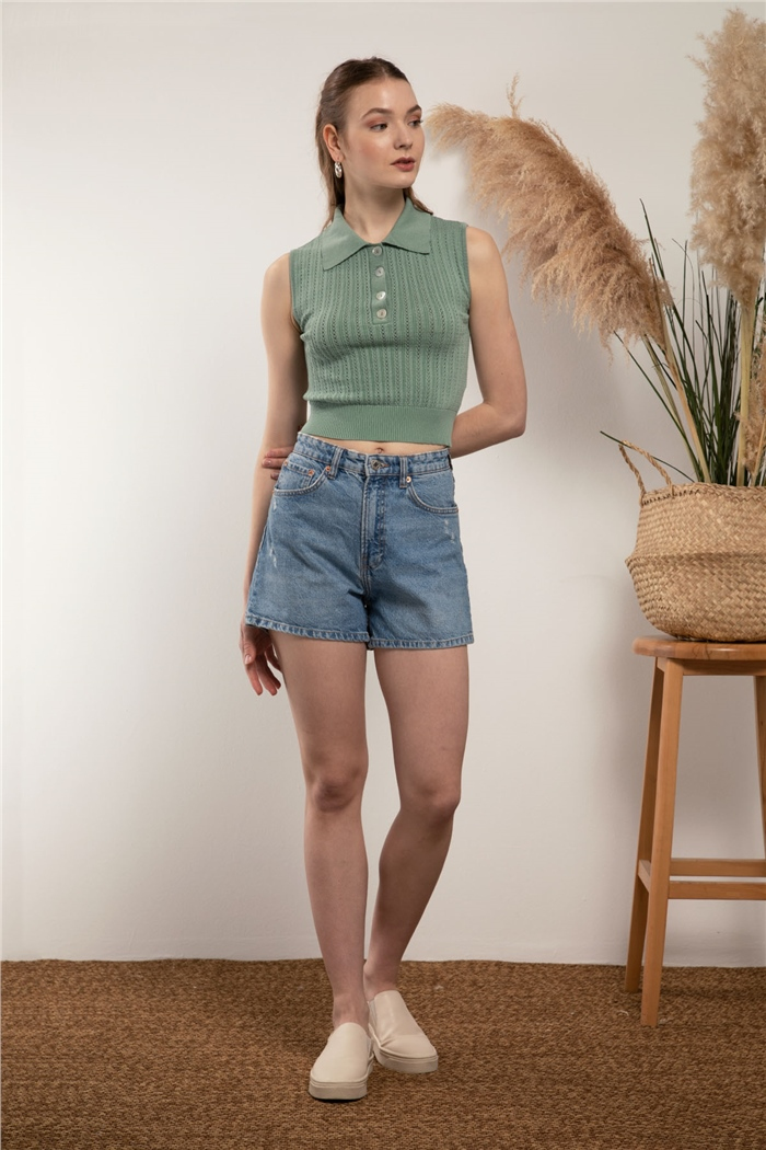 Nisan Gömlek Yaka Triko Bluz  MİNT YEŞİLİ  TT2974-Z