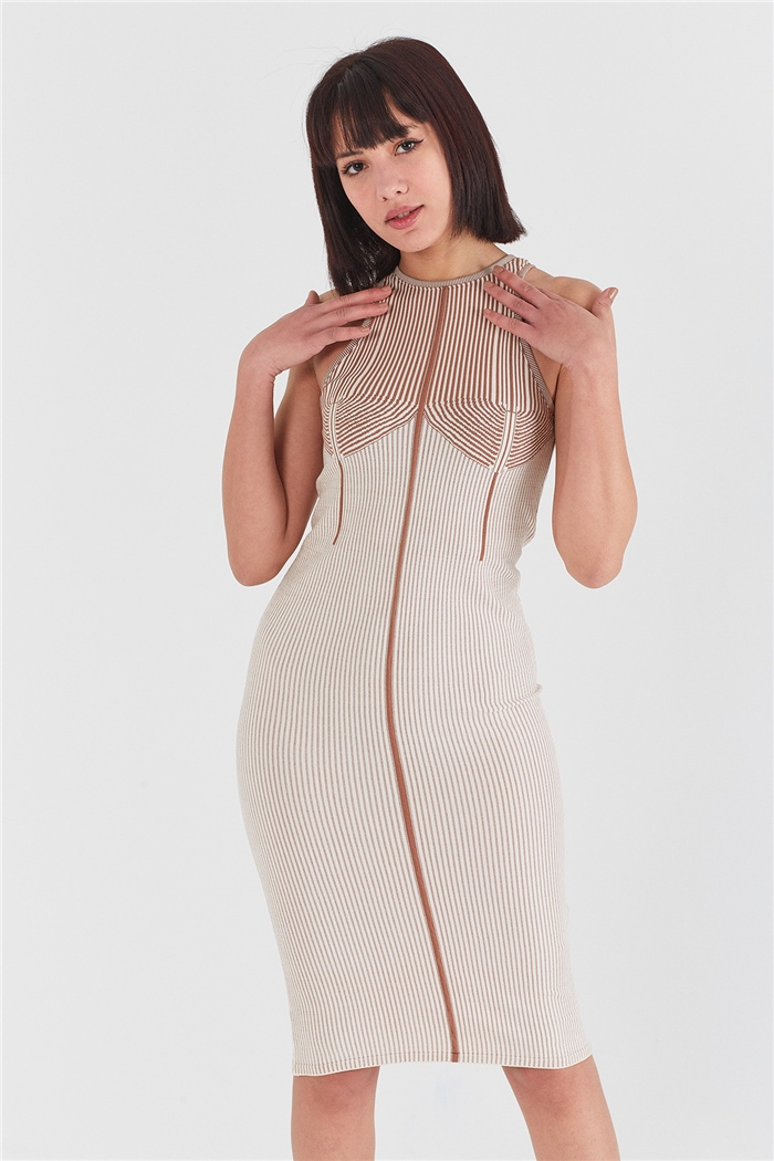 Nisan Halter Yaka Midi Boy Triko Elbise  HAM EKRU-KAHVE  TT3478-Z