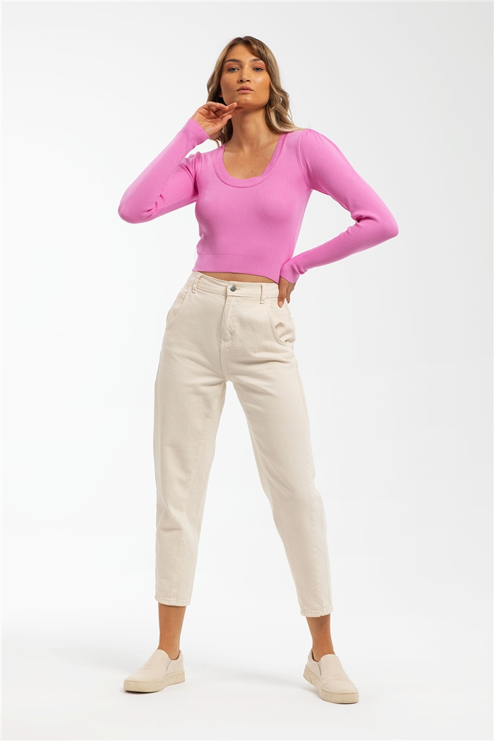 Nisan Havuz Yaka Triko Bluz  PEMBE  TT3233-Z