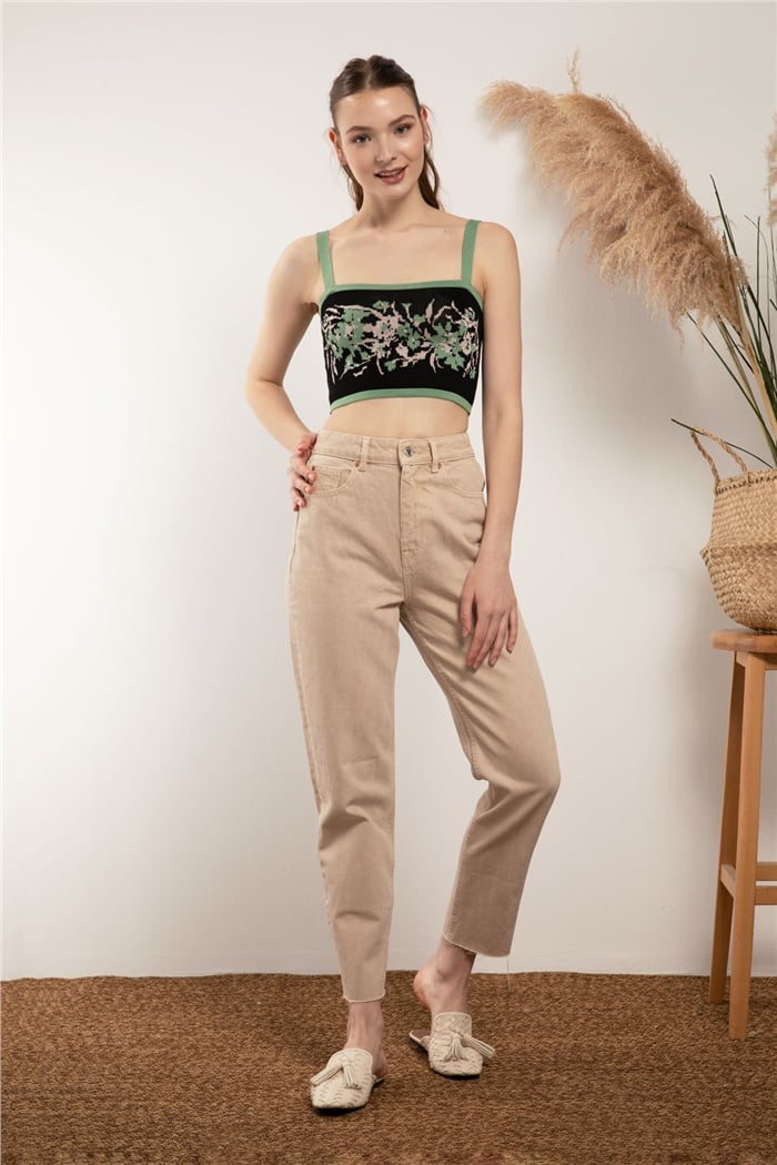 Nisan Jakar Çiçek Desenli Triko Crop  SİYAH  TT2998-Z
