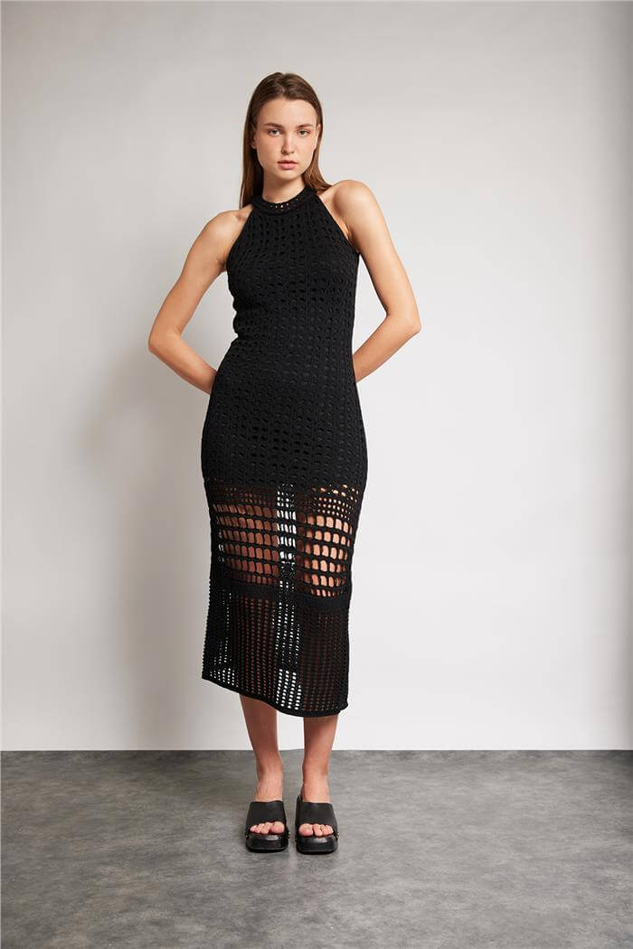 Nisan Kadın Delikli Uzun Triko Elbise SİYAH TT4303-Z