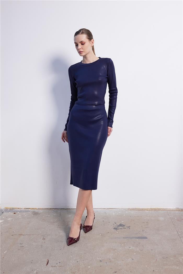 Nisan Kadın DERİ GÖRÜNÜMLÜ TRİKO ETEK LACİVERT TT4193-Z