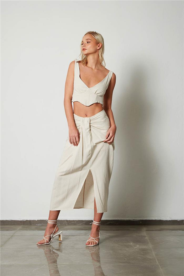 Nisan Kadın Drape Detaylı Keten Etek HAM N23-1633