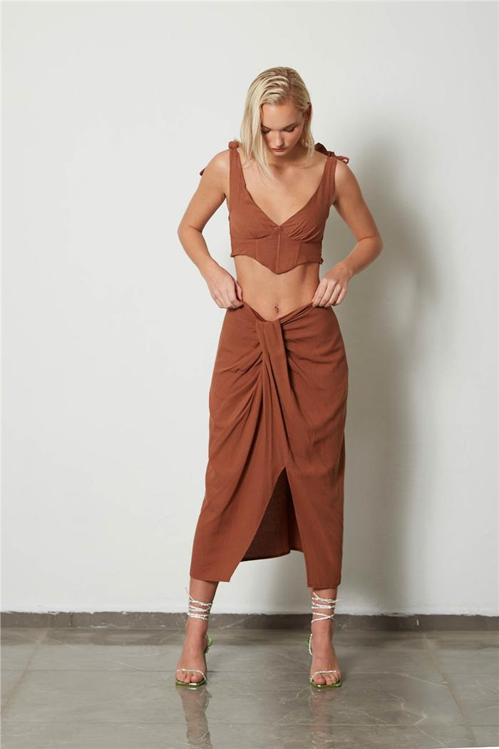 Nisan Kadın Drape Detaylı Keten Etek KAHVE N23-1633