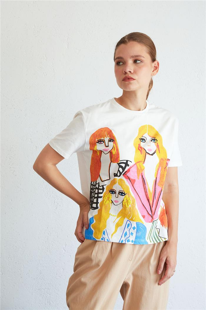 Nisan Kadın Kız Baskılı T-Shirt EKRU N23-1662